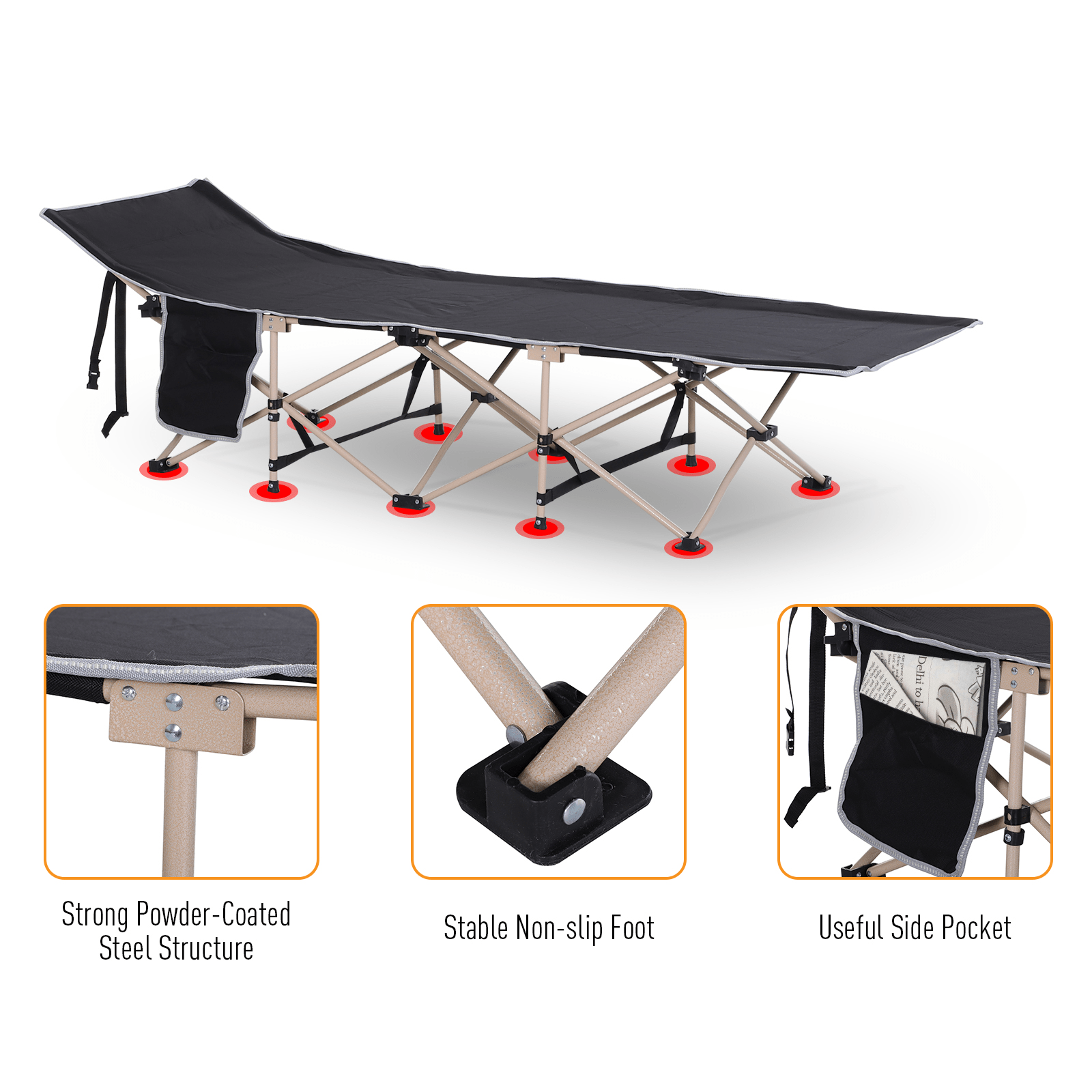 Outsunny Single Person Camping Bed Folding Cot - Portable Military Sleeping Bed with Side Pocket and Carry Bag Sleeping Mats and Airbeds Cosy Camping Co.   