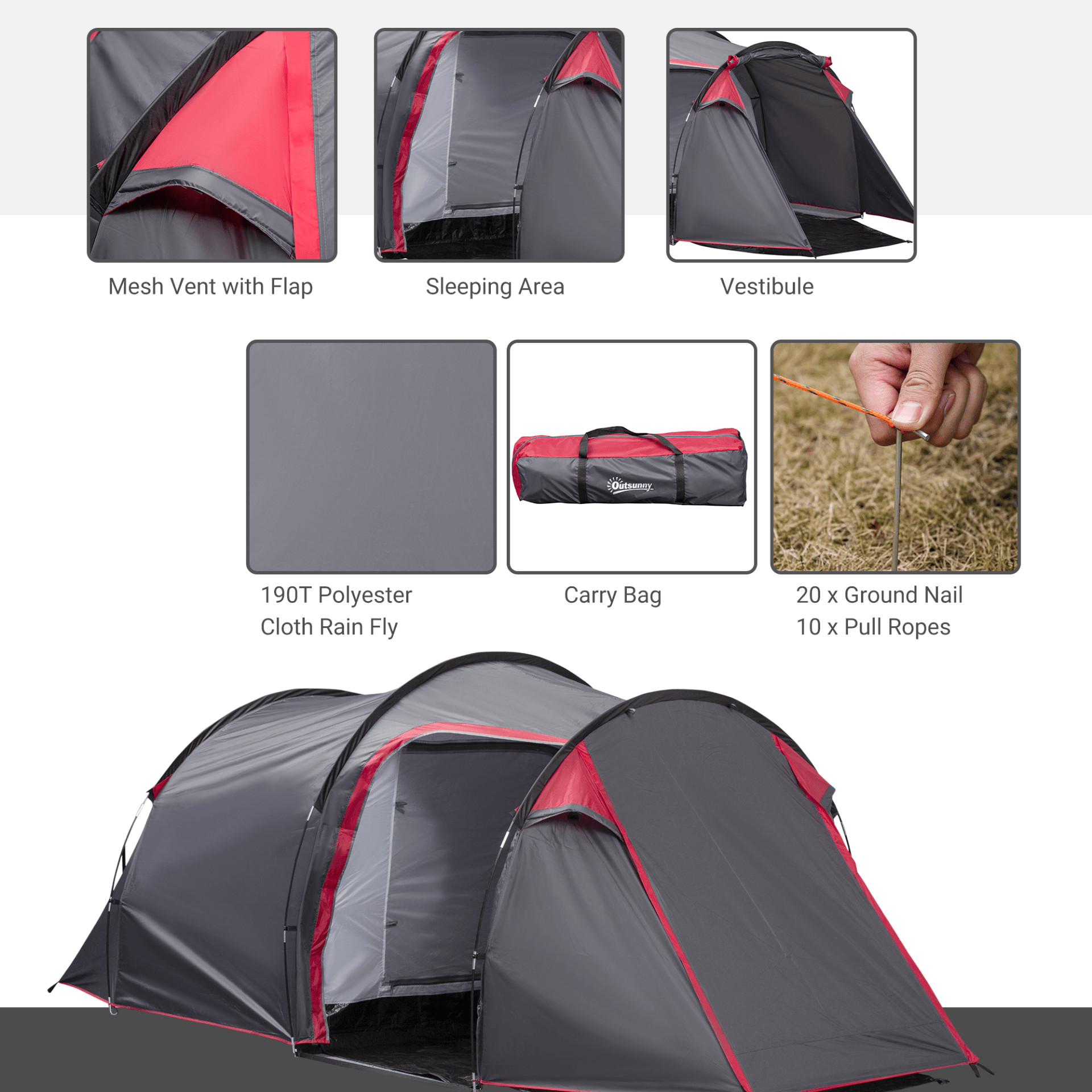 Outsunny 2-3 Man Tunnel Tent 3 Man Tent Cosy Camping Co.   