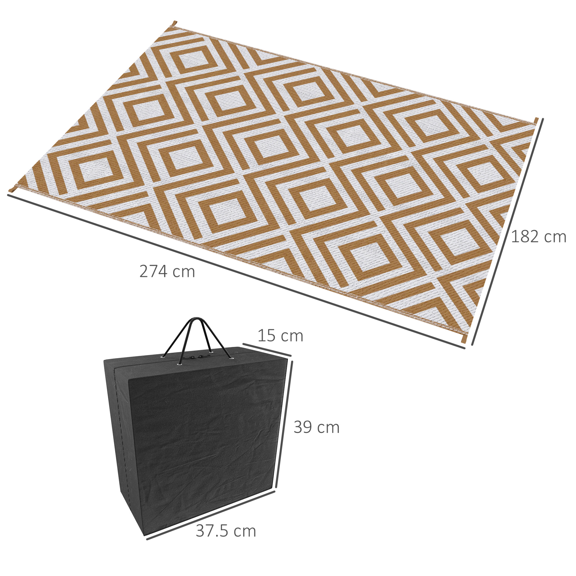 Outsunny Reversible Outdoor Rug with Carry Bag and Ground Stakes | Waterproof Straw Mat for Backyard, Deck, RV, Picnic, Beach, Camping | 182 x 274 cm | Brown & White Camping Floor Mat Cosy Camping Co.   