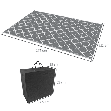 Outsunny Reversible Outdoor Rug - Waterproof Plastic Straw Mat with Carry Bag and Ground Stakes - Grey & White - 182 x 274 cm Camping Floor Mat Cosy Camping Co.   