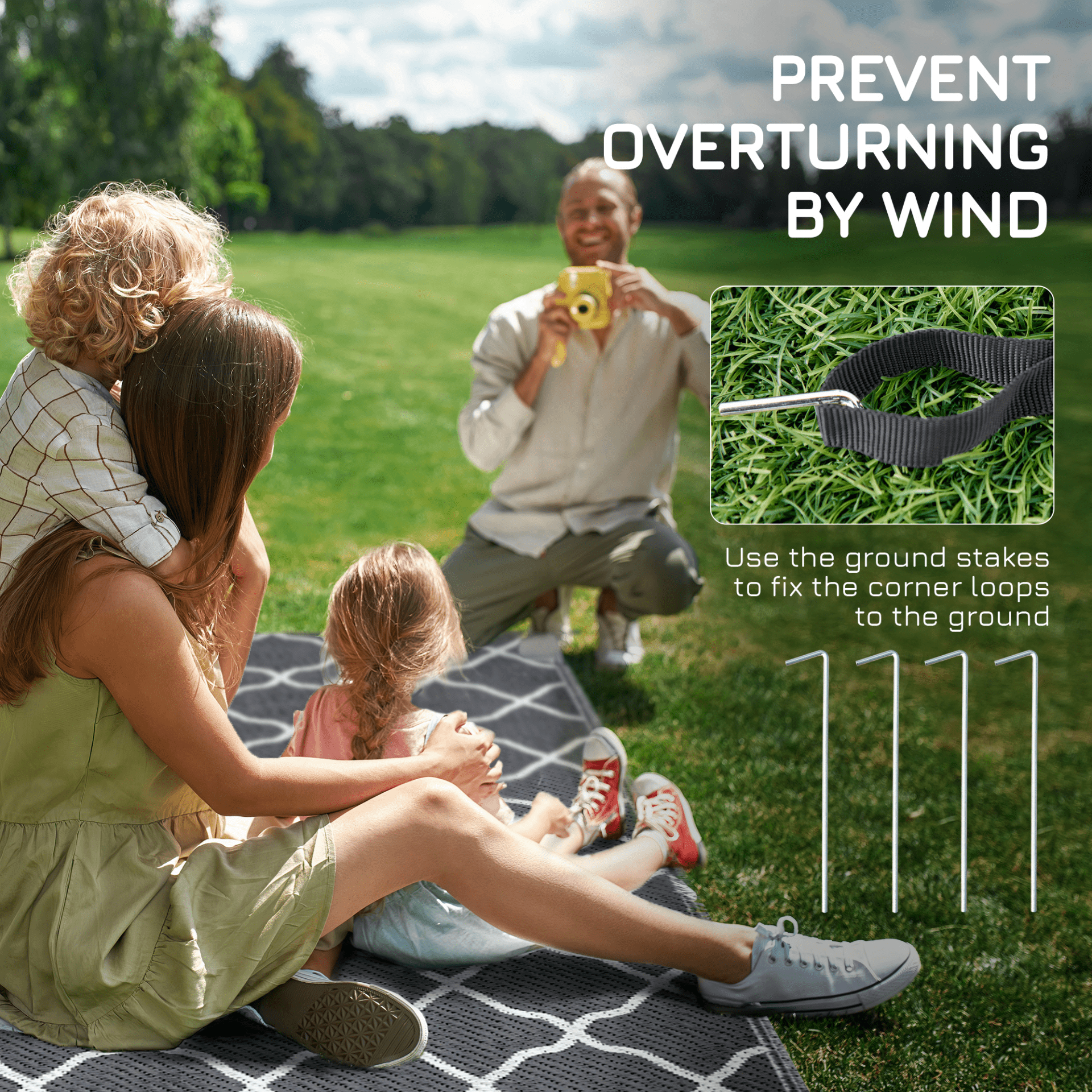 Outsunny Reversible Outdoor Rug - Waterproof Plastic Straw Mat with Carry Bag and Ground Stakes - Grey & White - 182 x 274 cm Camping Floor Mat Cosy Camping Co.   