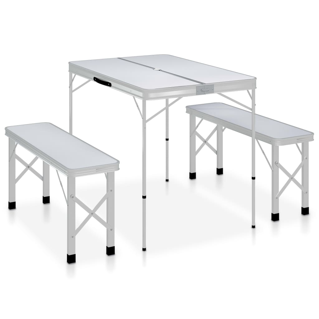 vidaXL Folding Camping Table with 2 Benches Aluminium White - Lightweight and Foldable Camping Table Cosy Camping Co.   