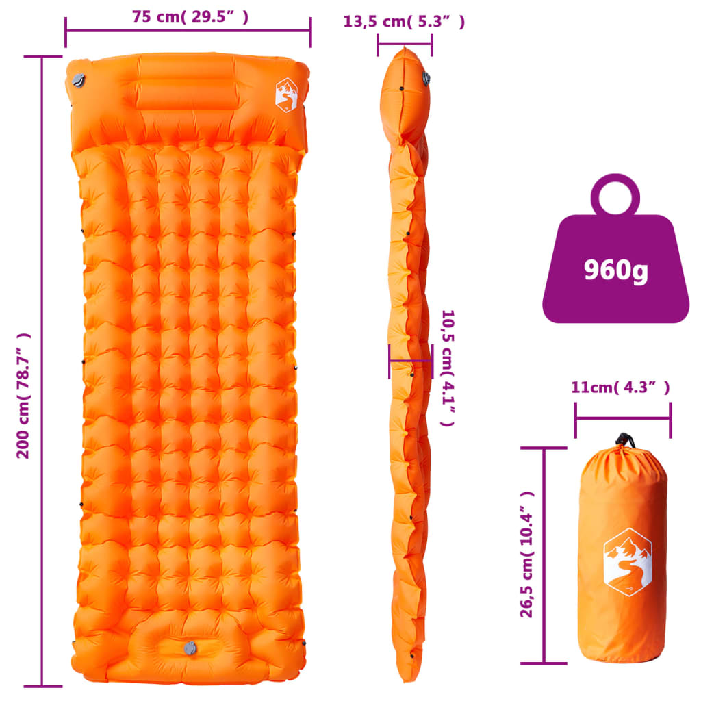 vidaXL Self Inflating Camping Mattress with Pillow - Orange | Durable, Portable, and Comfortable Sleeping Mats and Airbeds Cosy Camping Co.   