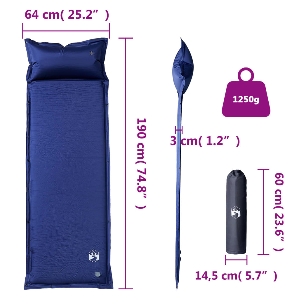 vidaXL Self Inflating Camping Mattress with Pillow - 1-Person Navy Blue Sleeping Mats and Airbeds Cosy Camping Co.   
