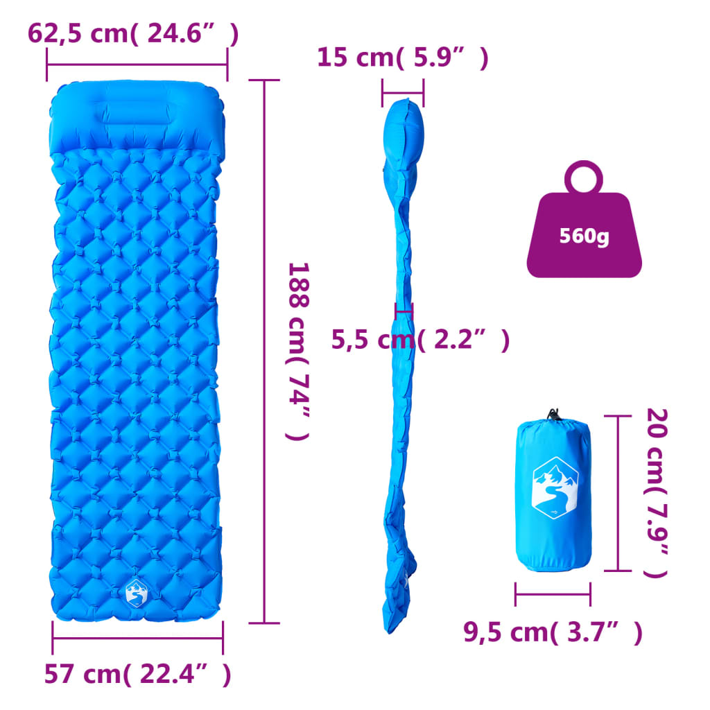 vidaXL Inflating Camping Mattress with Pillow 1-Person Blue - Durable & Water-Resistant Sleeping Mats and Airbeds Cosy Camping Co.   